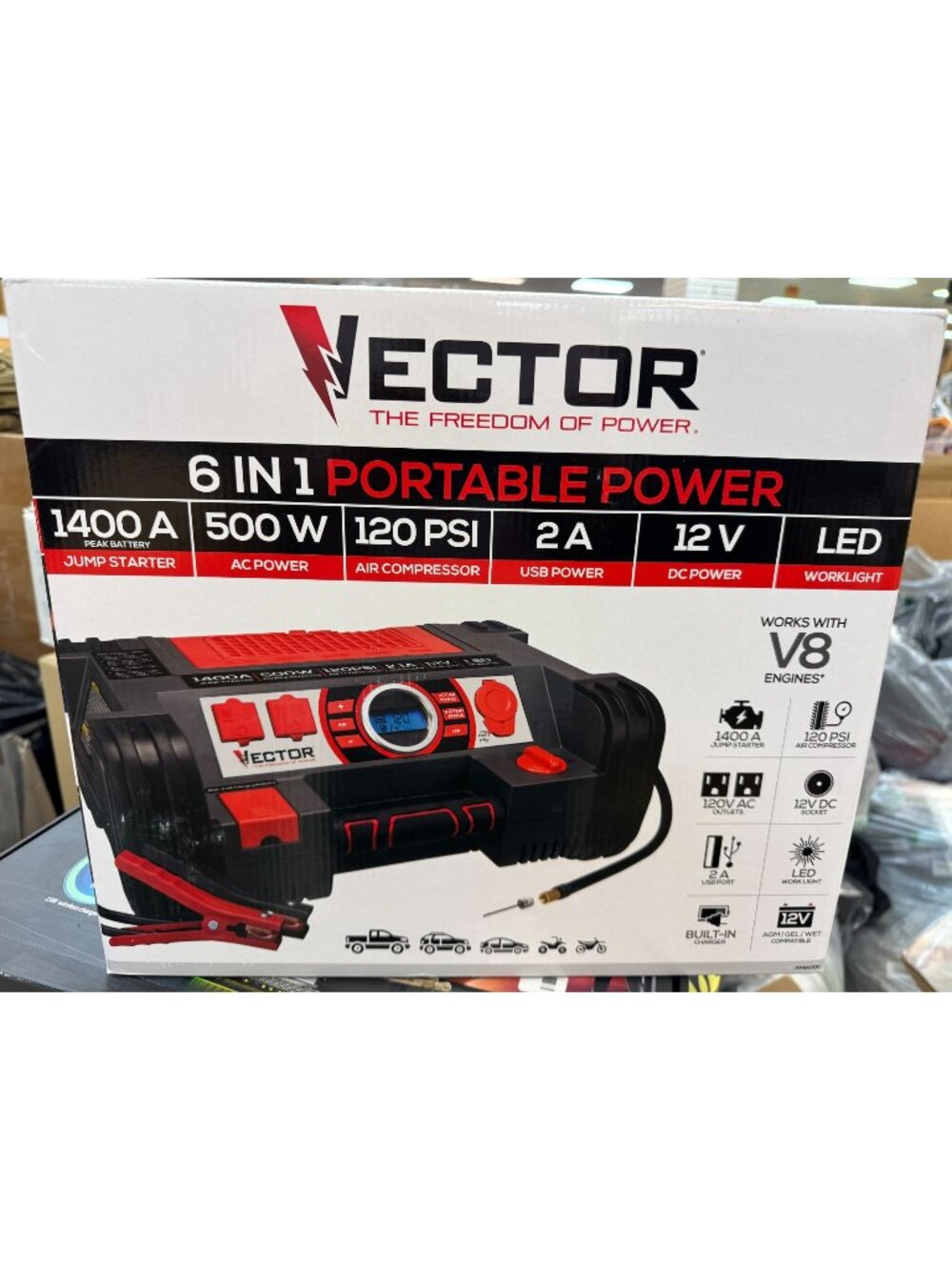 Vector 6-In-1 Portable Power Station 1400A Jump Starter 500W AC 120 PSI Compress